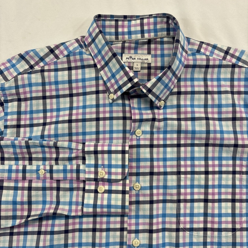 Peter Millar Mens Button Down Shirt Size L Blue Pink Plaid Long Sleeve Casual